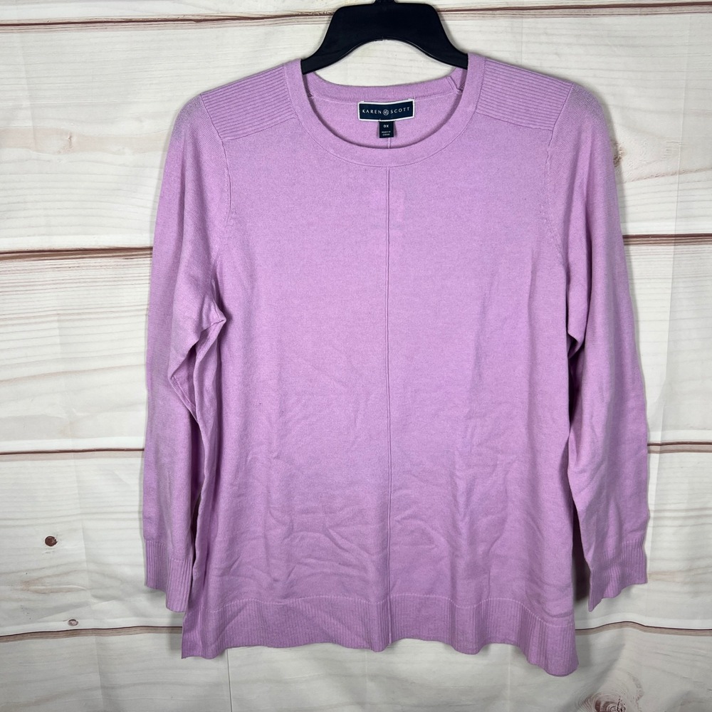 Karen Scott Pullover Sweater Womens 0X Purple Solid Ribbed‎ Shoulder Crew Neck